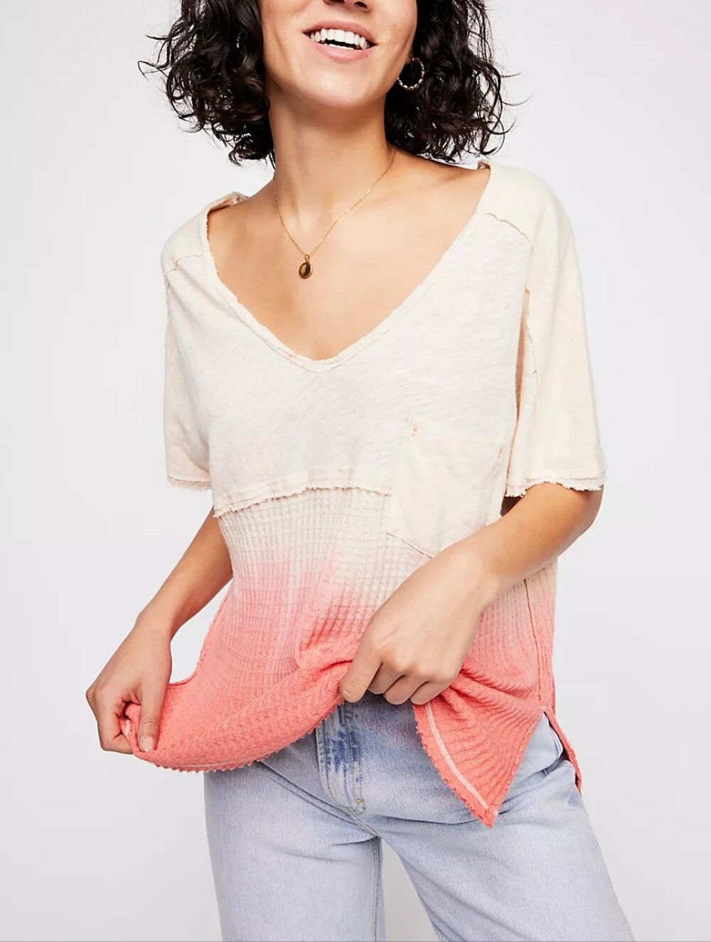 Free People We The Free Sun Dial Waffle Tee Cream/Dip Dyed Pink Size Large